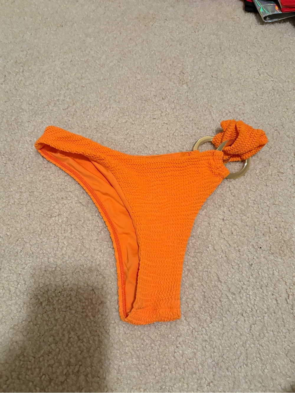 Monday Swimwear Orange Textured Bikini Bottom with Ring Detail